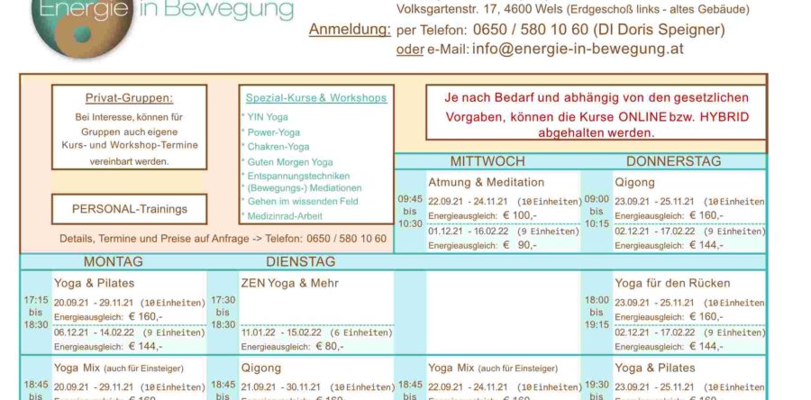 HERBST / WINTER Kurs- und Workshopplan … Start: 20.09.2021